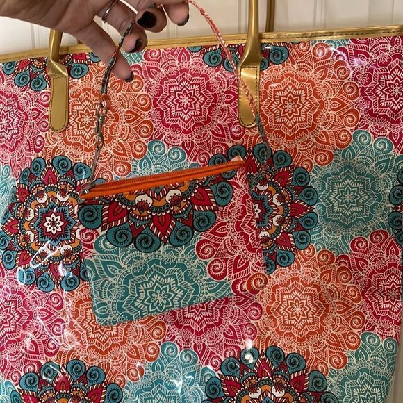 Paisley print large plastic beach pool tote bag with wallet - Picture 6 of 7